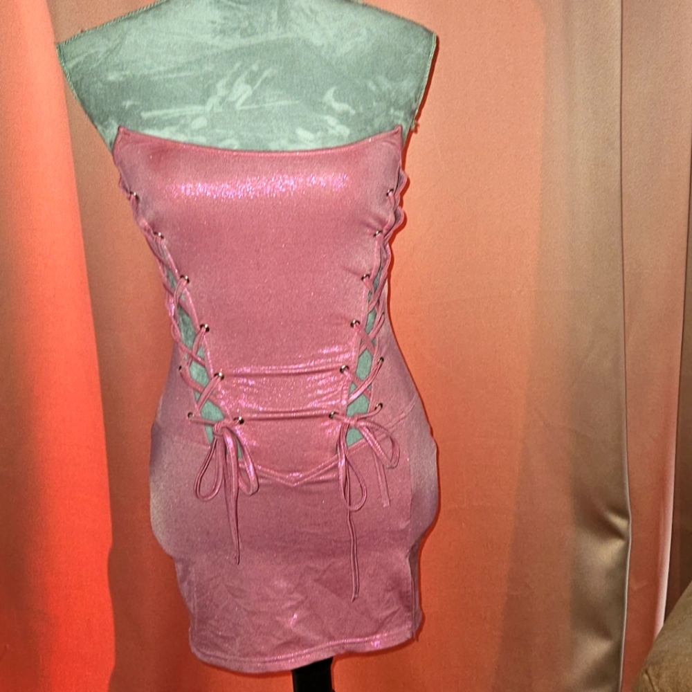 Pink Shimmer Cutout Strapless Bodycon Mini Dress